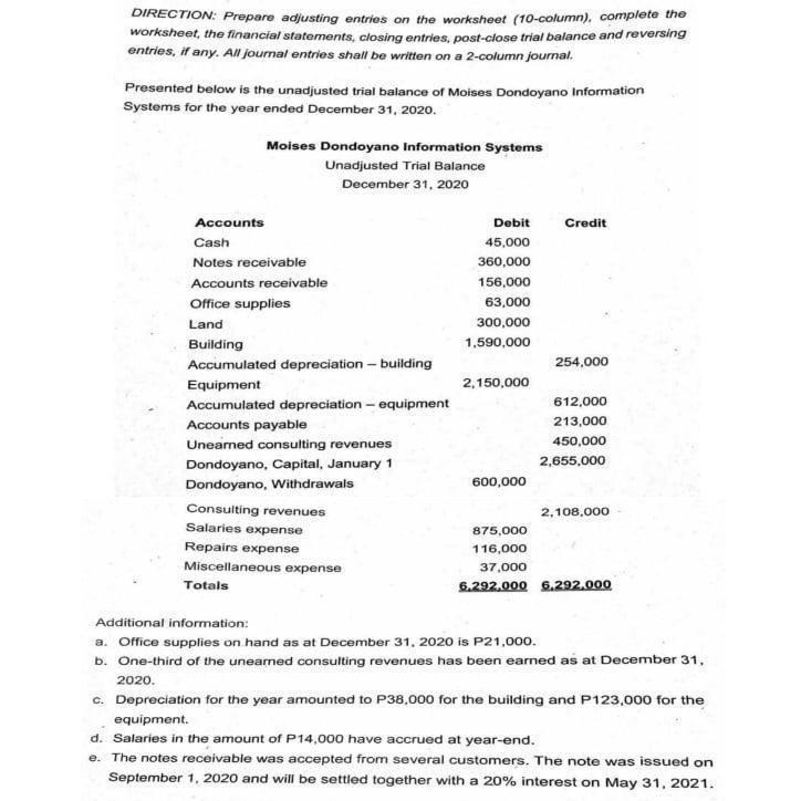 DIRECTION: Prepare adjusting entries on the worksheet (10-column), complete the worksheet,