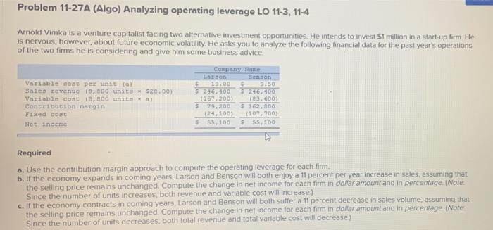  Problem 11-27A (Algo) Analyzing operating leverage LO 11-3, 11-4 Arnold Vimka