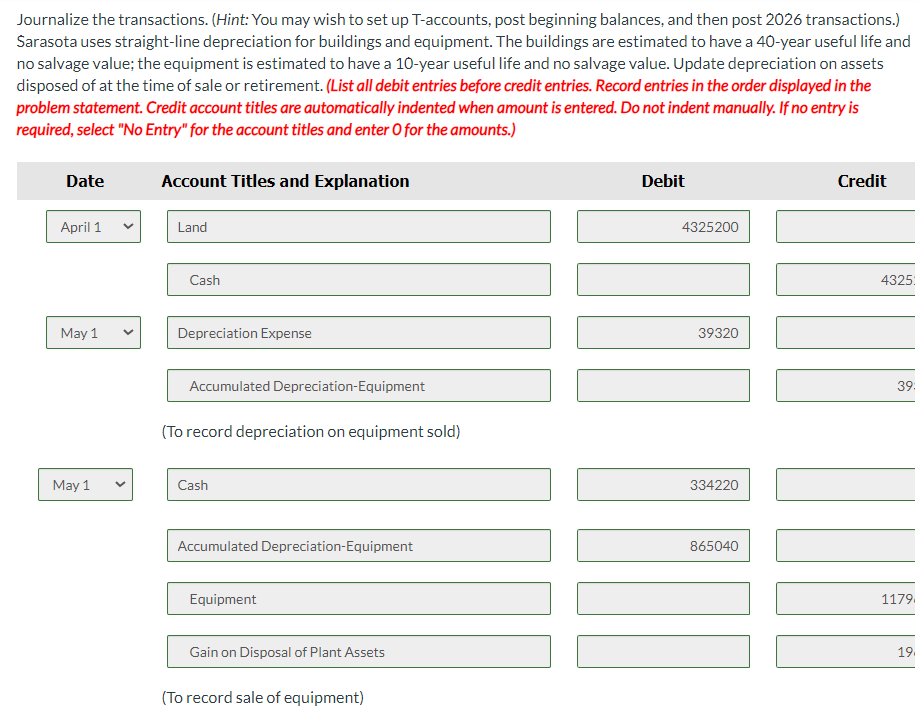 ASSIGMENT At December 31, 2025, Sarasota Corporation reported the following plant assets.