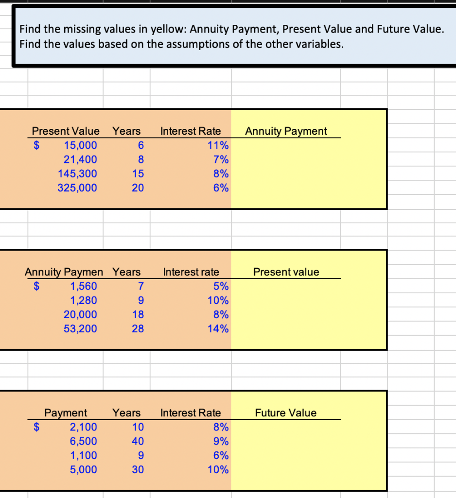  Use Excel Functions Find the missing values in yellow: Annuity Payment,