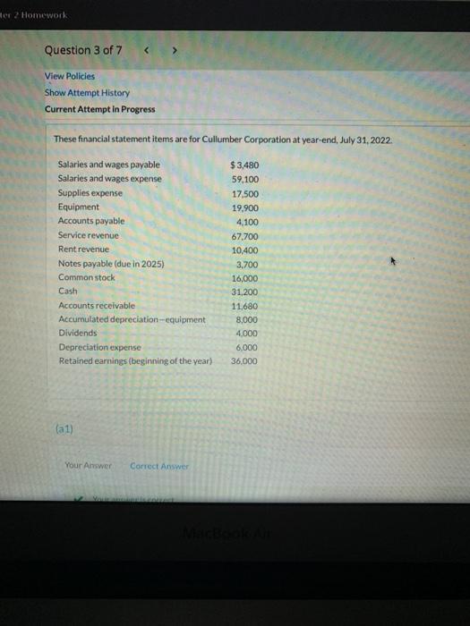 partially correct. Prepare a retained earnings statement for the year. Cullumber Corporation