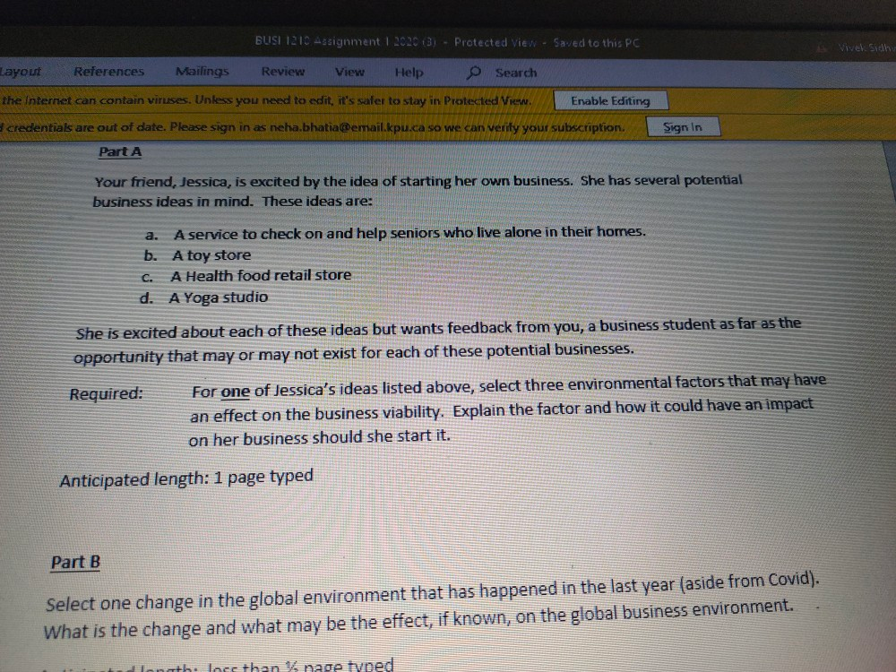 BUSI 1210 Aggignment I 2003) - Protected view - Saved to