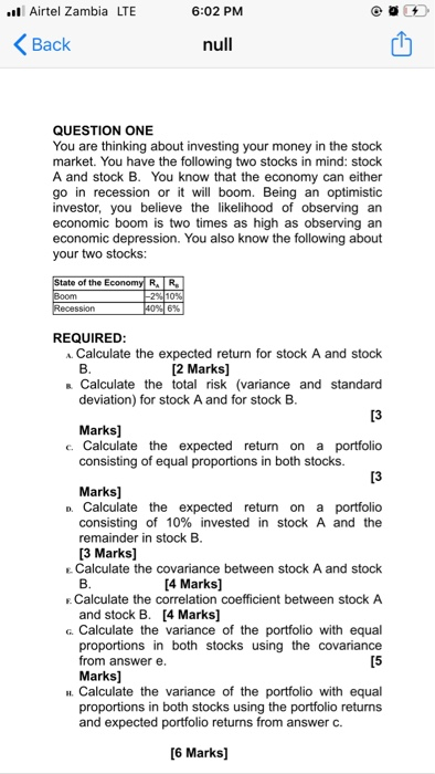  .. Airtel Zambia LTE 6:02 PM Back null QUESTION ONE You