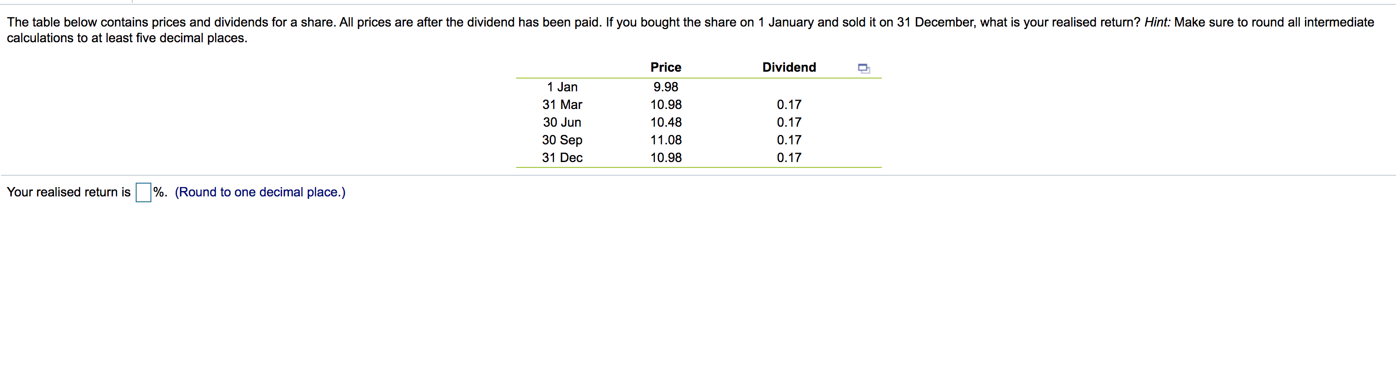 The table below contains prices and dividends for a share. All
