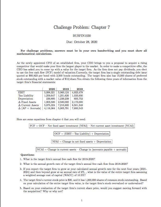 Challenge Problem: Chapter 7 BUSFIN1030 Due: October 28, 2020 For challenge