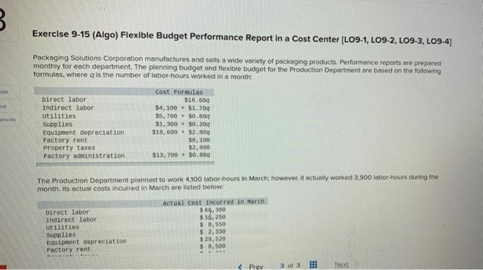  B Exercise 9-15 (Algo) Flexible Budget Performance Report in a Cost