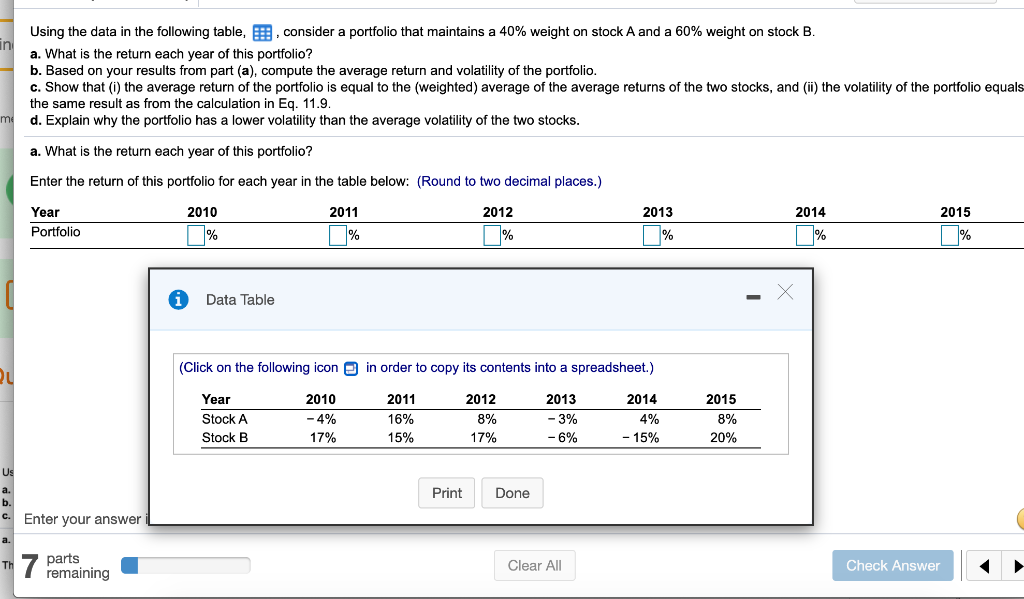 Using the data in the following table, consider a portfolio that