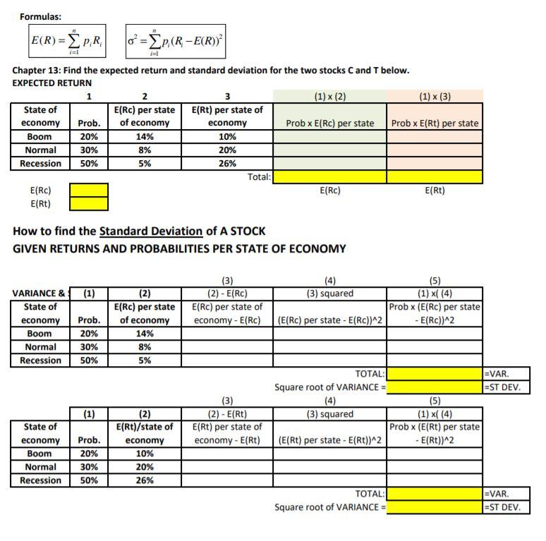  E(R) = p,R. Formulas: 16 =P, (R E(R)) EP Chapter 13: