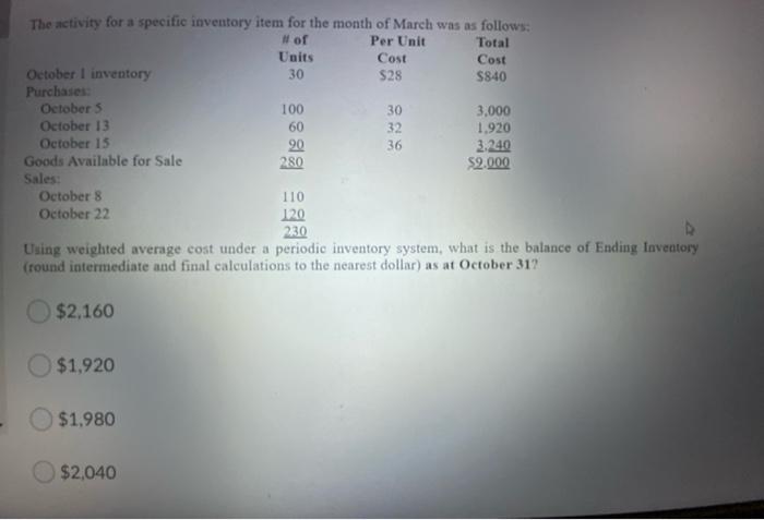  30 The activity for a specific inventory item for the month