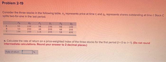  Problem 2-19 Consider the three stocks in the following table. Pe