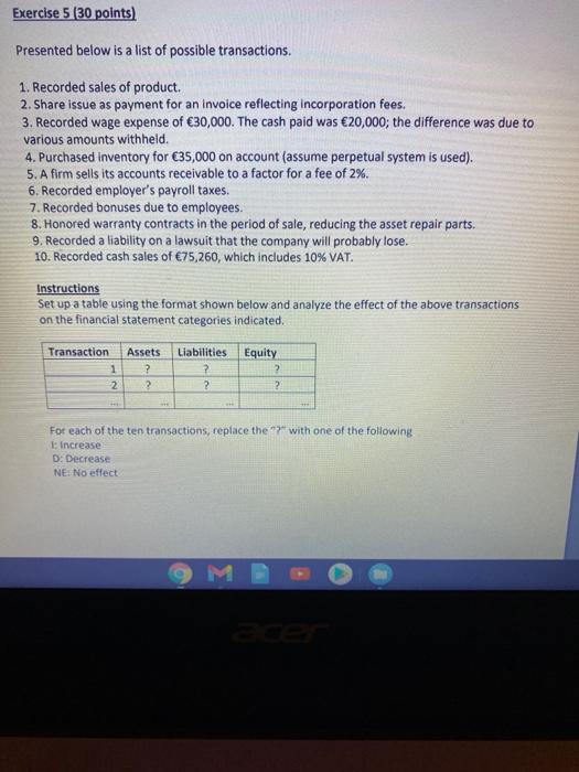  Exercise 5 (30 points) Presented below is a list of possible