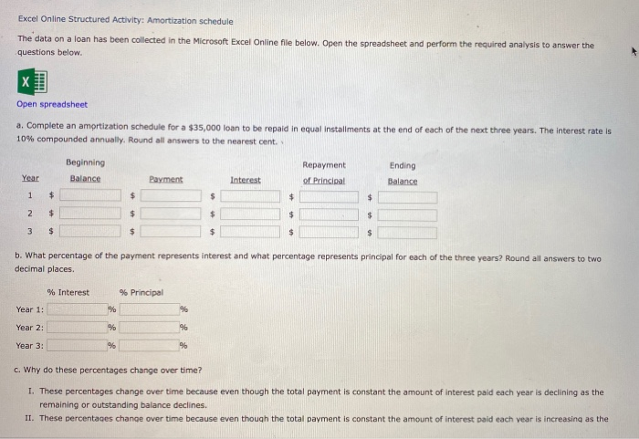  Excel Online Structured Activity: Amortization schedule The data on a loan