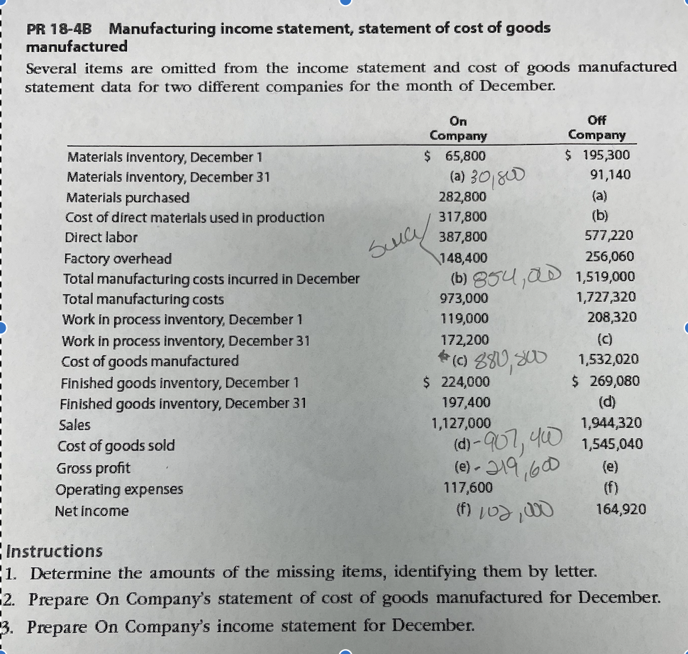  PR 18-4B Manufacturing income statement, statement of cost of goods manufactured