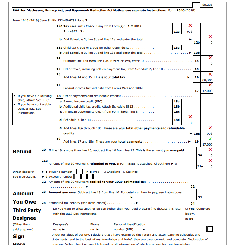 for the 2019 tax year. Jane Smith, age 40, is single and