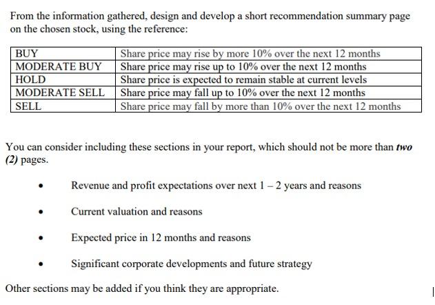 From the information gathered, design and develop a short recommendation summary