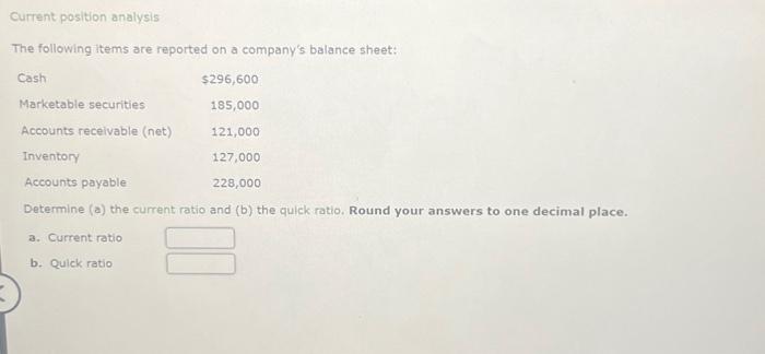  Current position analysis The following items are reported on a company's