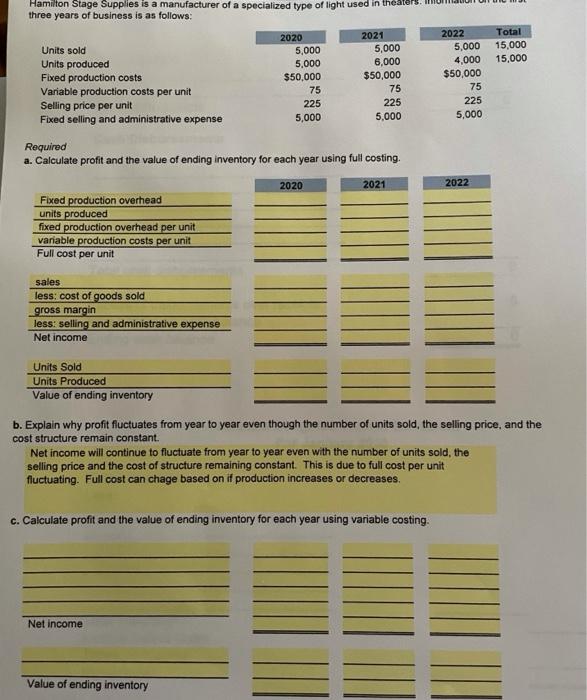 Variable and Full Costing: Sales and Production Fluctuate Hamilton Stage Supplies is