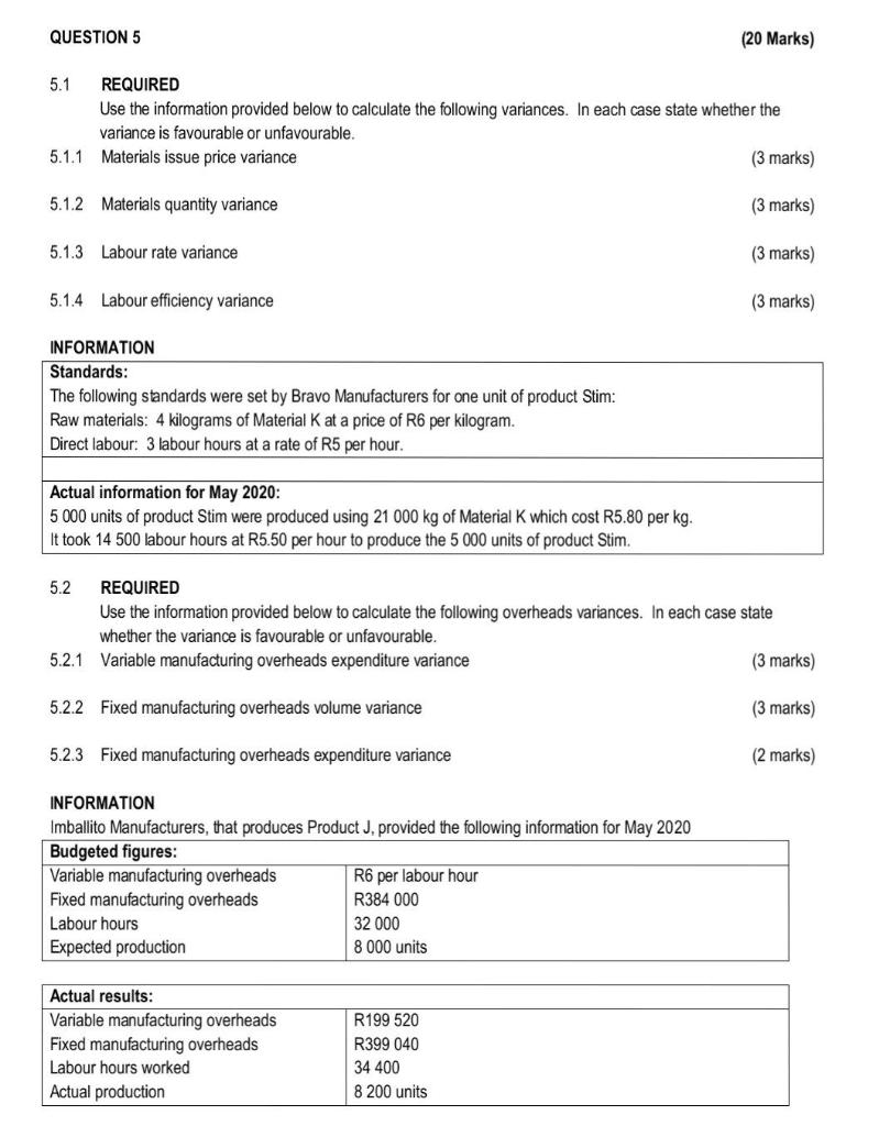 QUESTION 5 (20 Marks) 5.1 REQUIRED Use the information provided below