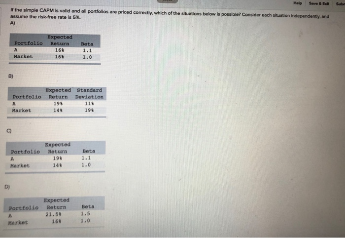  Subr Help Save & Exit If the simple CAPM is valid