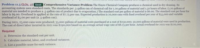 please show math Problem 11.5 (LO1, 2) Excel Comprehensive Variance Problem The
