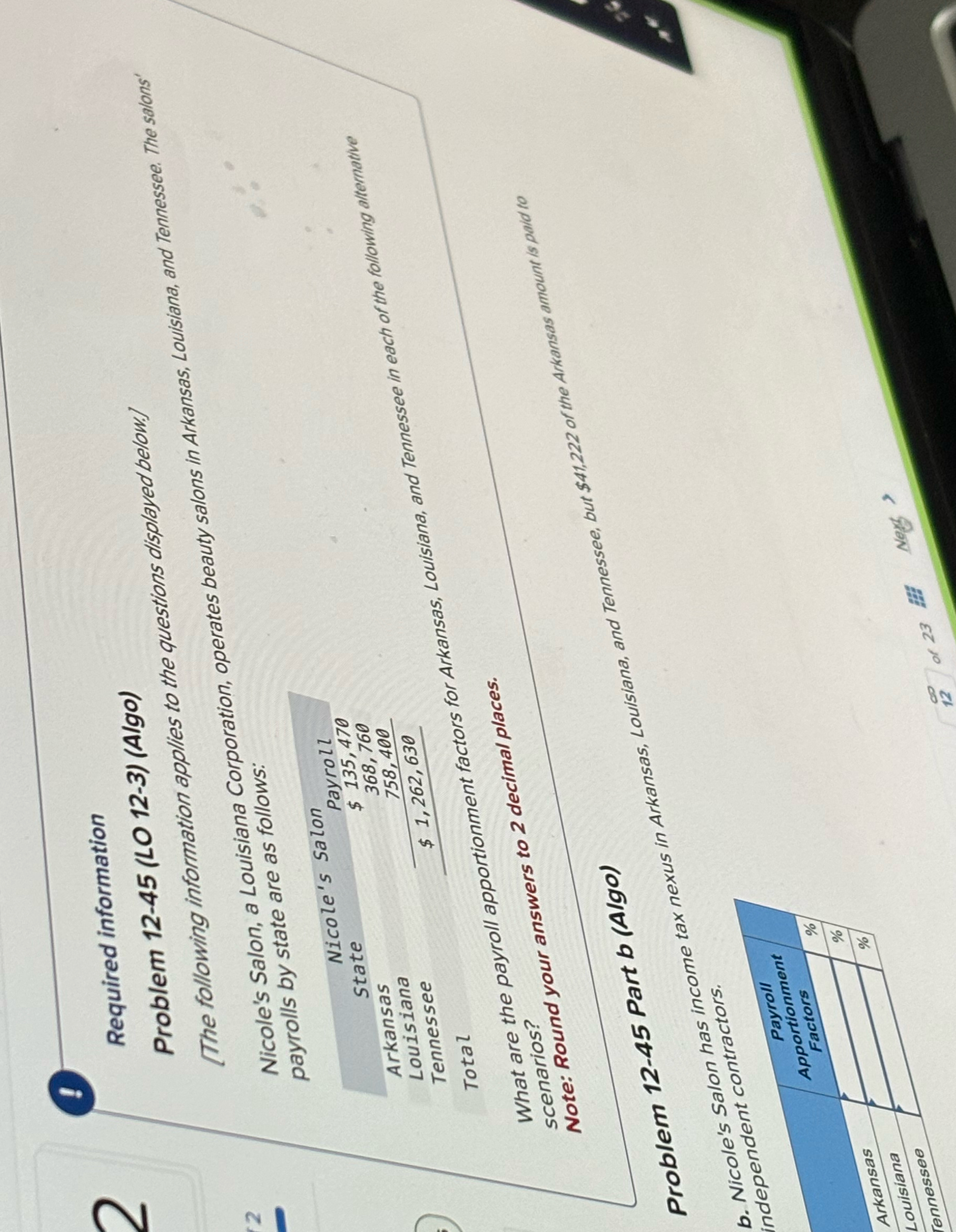  Required information Problem 12-45(LO 12-3)(Algo) [The following information applies to the