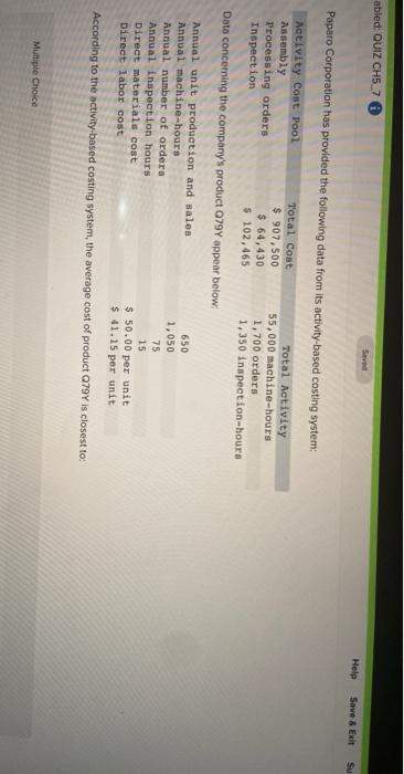  abled: QUIZ CH5_7 Save Help Save & Eat Su Papato Corporation