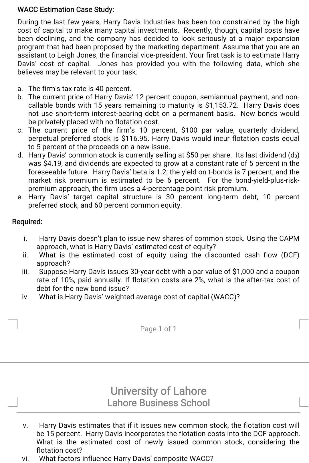  WACC Estimation Case Study: During the last few years, Harry Davis