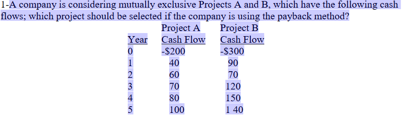  1-A company is considering mutually exclusive Projects A and B, which