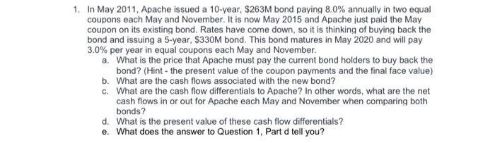  Please show all Excel formulas. 1. In May 2011, Apache issued