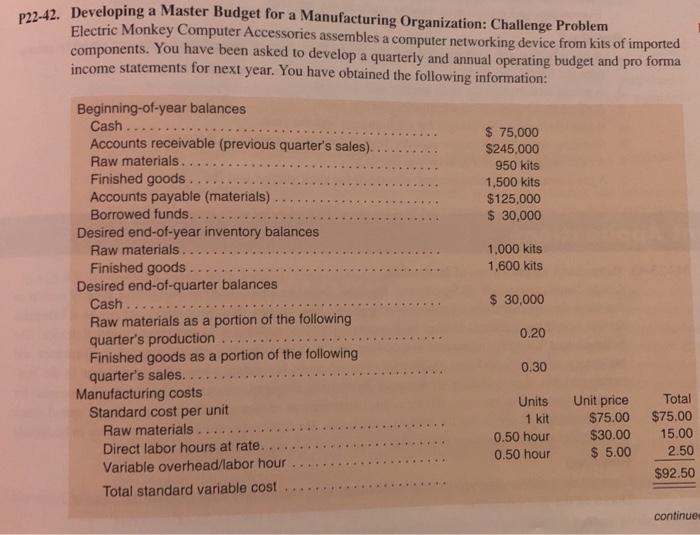 P22-42. Developing a Master Budget for a Manufacturing Organization: Challenge Problem Electric