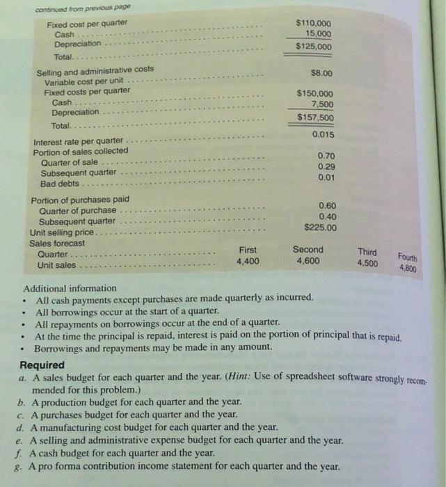 components. You have been asked to develop a quarterly and annual operating