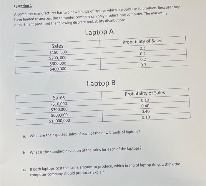 please help Question 1 A computer manufacturer has two new brands of