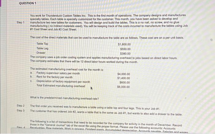 Step 1 You work for Thunderduck Custom Tables This is the first