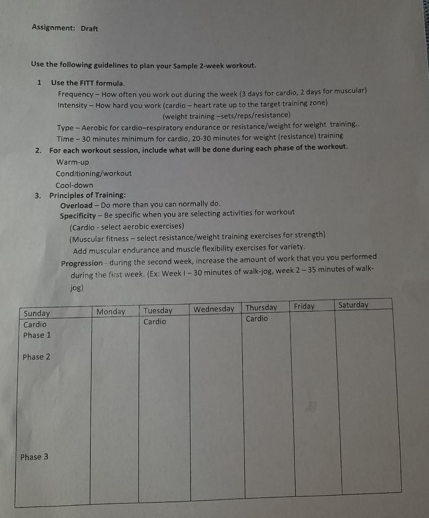  Assignment: Draft Use the following guidelines to plan your Sample 2-week