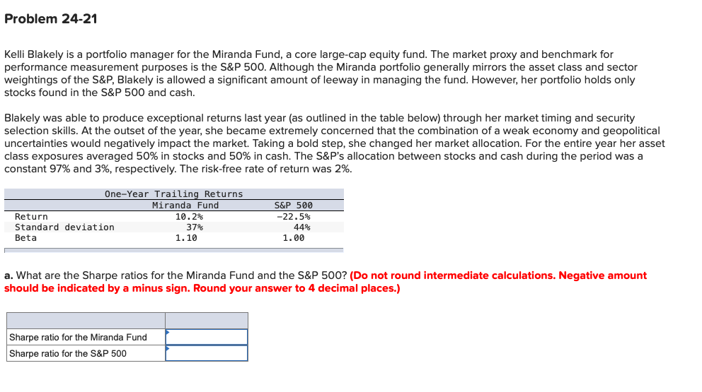 Problem 24-21 Kelli Blakely is a portfolio manager for the Miranda