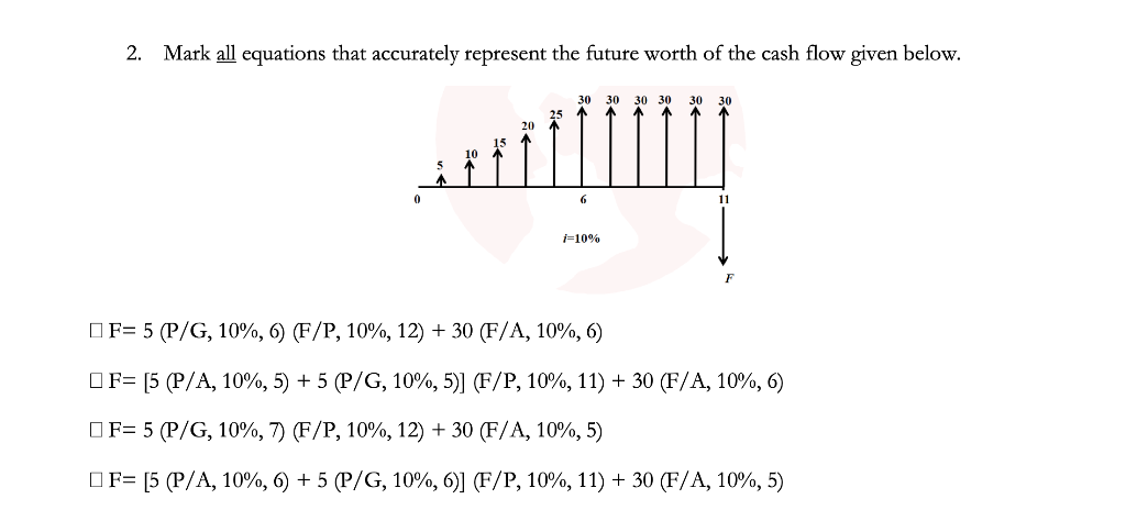 please help 2. Mark all equations that accurately represent the future worth