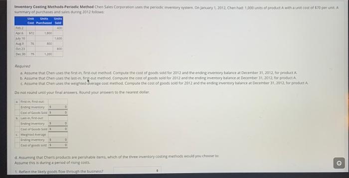 Method Chen Sales Corporationes the periodic inventory system on January 1, 2012.