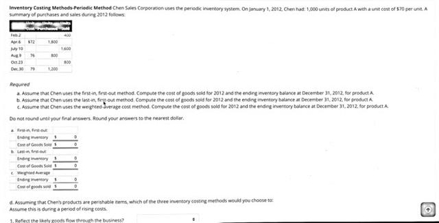 unit. A Summary of purchases and sales during 2012 flow U Cot