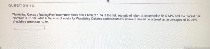  QUESTION 10 Wandering Oaken's Trading Post's common stock has a beta