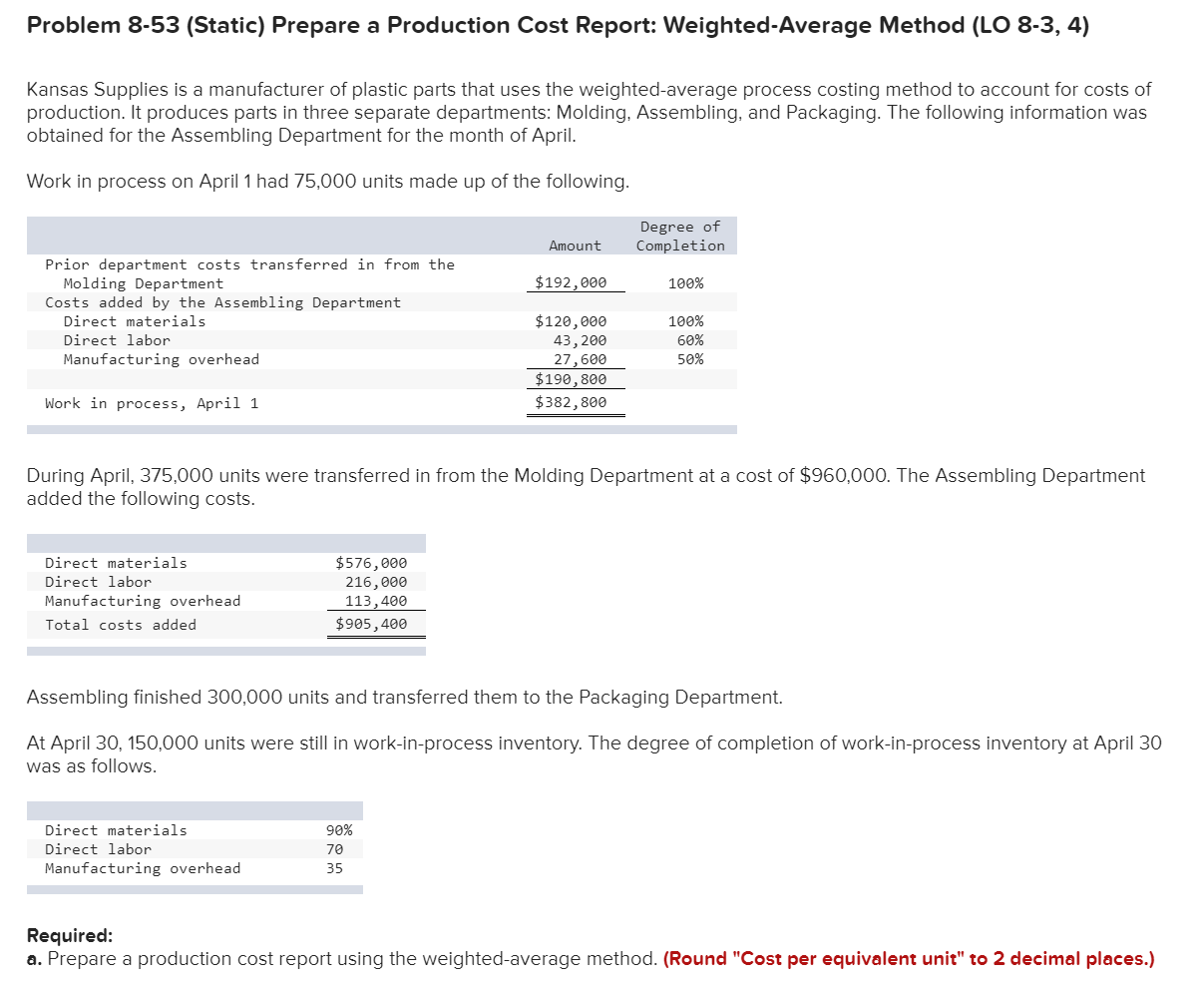undefined Problem 8-53 (Static) Prepare a Production Cost Report: Weighted-Average Method (LO