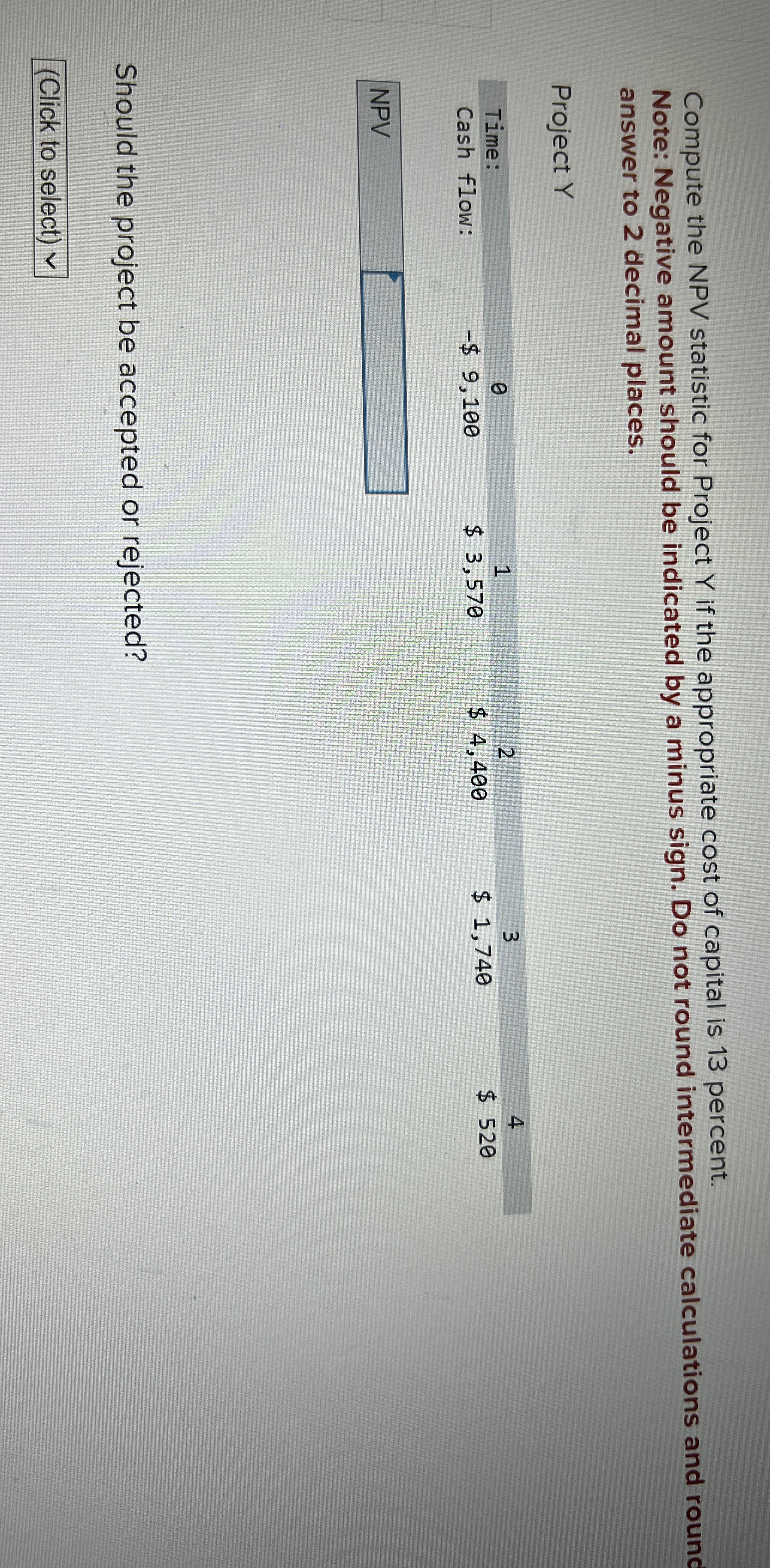  Compute the NPV statistic for Project Y if the appropriate cost