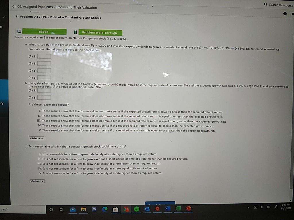  Q Search this course Ch 09: Assigned Problems - Stocks and