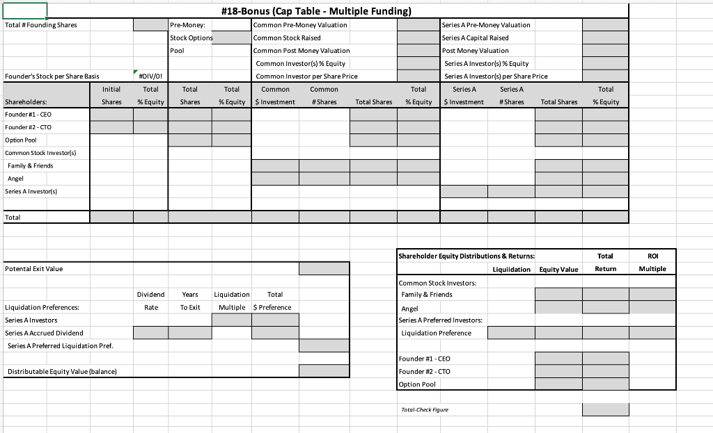 Use the #18Bonus (Cap Table-Multiple Funding) to complete this Assignment. Insert (i.e.
