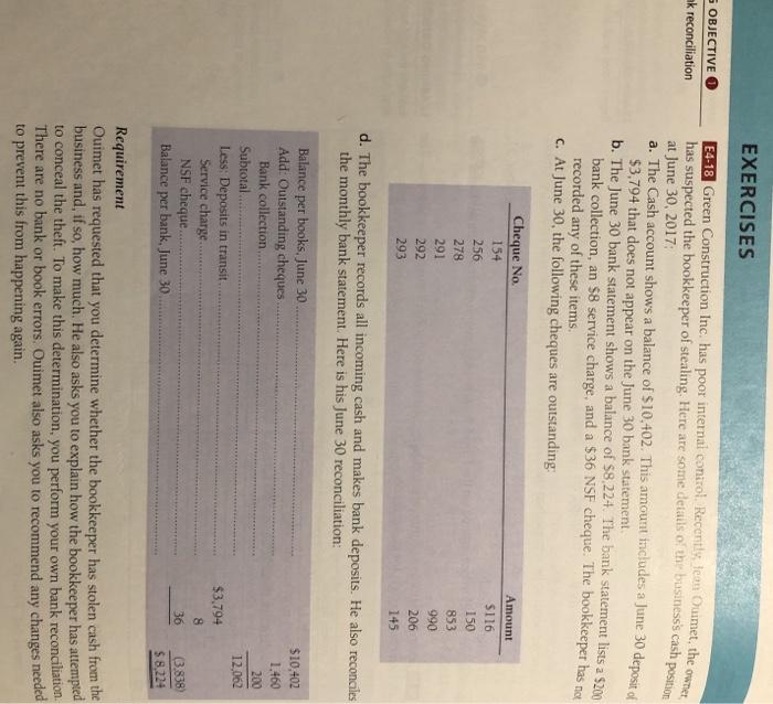  EXERCISES 5 OBJECTIVE ak reconciliation E4-18 Green Construction Inc. has poor