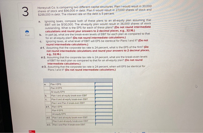  3 Honeycutt Co. is comparing two different capital structures. Plan I