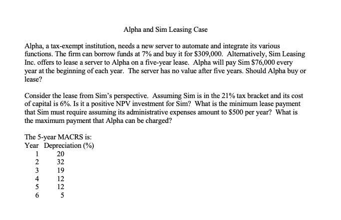 Alpha and Sim Leasing Case Alpha, a tax-exempt institution, needs a