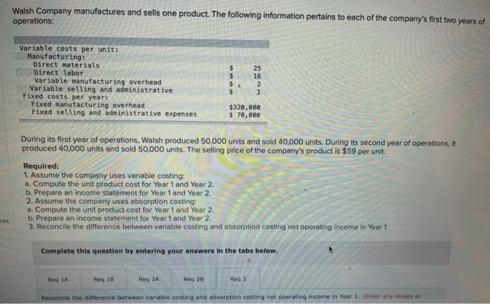 the unit product cost for Year 1 and Year 2. b. Prepare