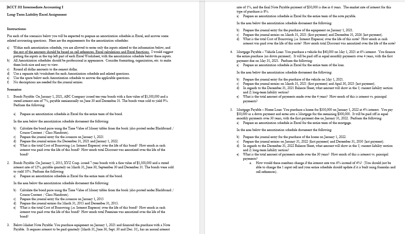  \ACCT 311 Intermediate Accounting I Long-Term Liability Excel Assignment Instructions: For