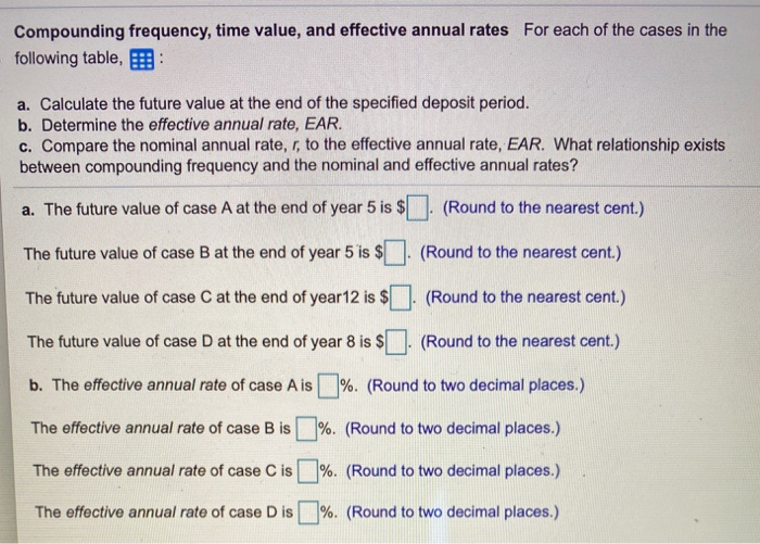  Compounding frequency, time value, and effective annual rates For each of