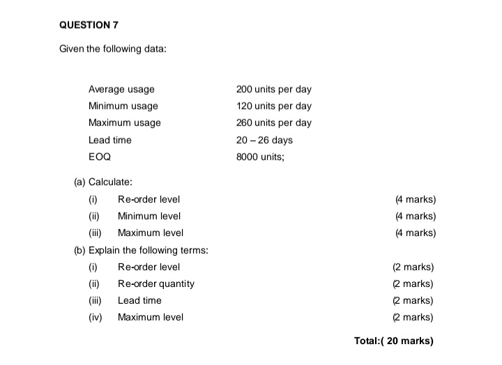  QUESTION 7 Given the following data: (a) Calculate: (i) Re-order level